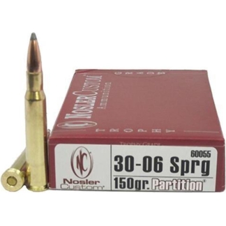 Brass rifle cartridge standing upright beside a Nosler 30-06 Springfield 150 grain Partition ammunition box.