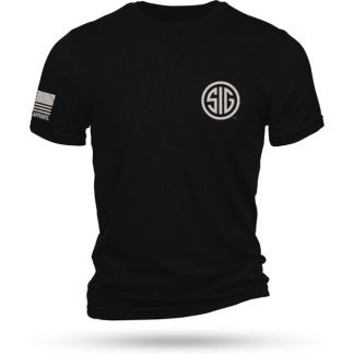 Black short-sleeve T-shirt with a white circular SIG logo on the chest and a small flag patch on the left sleeve.