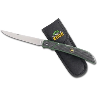 Folding knife with a green textured handle and stainless blade, placed on a black sheath labeled Outdoor Edge.
