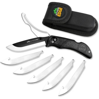 Outdoor Edge six-piece knife set with folding blade, multiple replacement blades, and black carrying case (3.5" RazorPro).