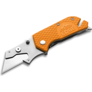 Orange textured folding utility knife with a silver blade protruding from the tip, brand likely Outdoor Edge