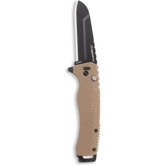 Tan textured folding knife with a black blade, shown opened and oriented vertically.