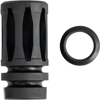 Black muzzle brake with three vertical slots and a separate crush washer beside it.