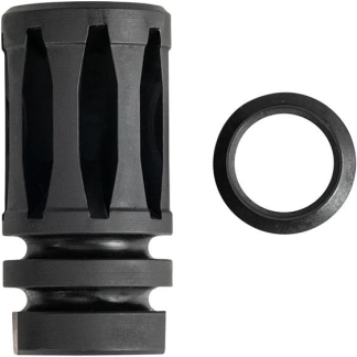 Dark metal muzzle brake with vented blades, shown next to a circular washer-like spacer.