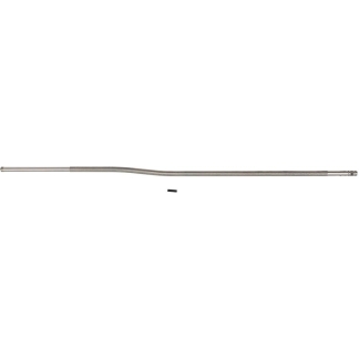Long, slightly curved metal rod with threaded ends, laid horizontally on a white background; a small black rectangular piece sits beneath it.