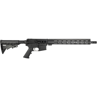 Black semi-automatic rifle shown in profile with adjustable stock and long rail handguard.