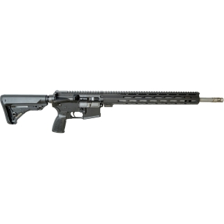 Black semi-automatic rifle shown in a left-side profile with an adjustable stock, long Picatinny rail, and muzzle to the right.