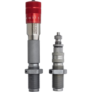 Two metal precision adapters with knurled grips and threaded ends; left one has a red adjustable collar.