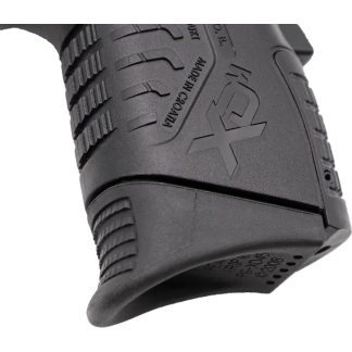 Close-up of a black textured power tool handle with XR logo.