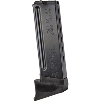 Pistol magazine for .22 LR cartridges, black metal, shown from a side view with a curved bottom.