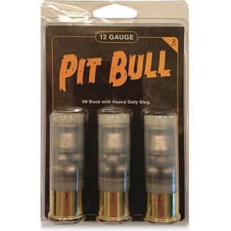 Three 12-gauge shotgun shells in a blister-pack labeled Pit Bull.