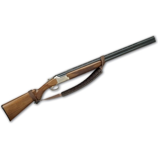 Double-barreled shotgun with a wooden stock and brown strap, laid diagonally across a white background.