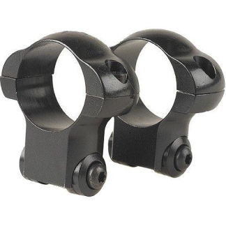 Pair of black scope rings for mounting a rifle scope, with clamps and screws visible.