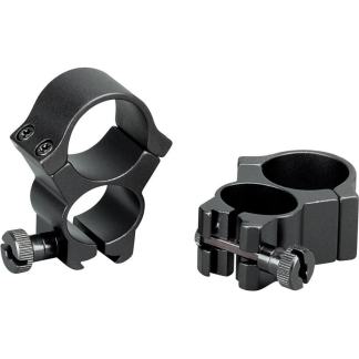 Pair of black scope rings with screws for mounting a rifle scope on a firearm.