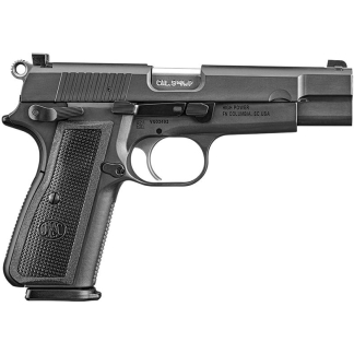 Side view of a black semi-automatic pistol with a textured grip and visible trigger guard.