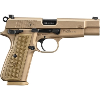 Side view of a tan semi-automatic pistol with a textured grip and visible trigger guard in profile.