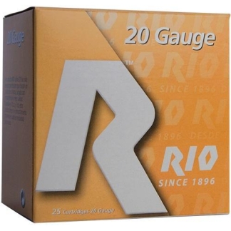 Orange Rio 20-gauge shotgun ammunition box with a large white 'R' logo, labeled '25 Cartridges 20 Gauge' on the front.