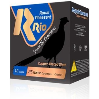 Box of Royal Pheasant Rio 12-gauge copper-plated shotgun cartridges, 25 rounds, with a pheasant silhouette.