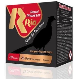 Box of Rio Royal Pheasant copper-plated shot ammo, 28 gauge, 25 cartridges, with rooster logo and 'Share the Experience' slogan.