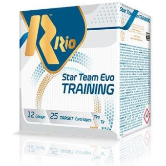 Box of Rio Star Team Evo Training 12-gauge cartridges, 25 target cartridges, blue-and-white packaging.