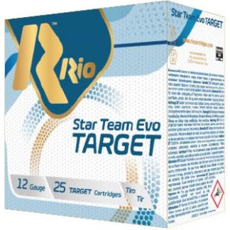 Box of Rio Star Team Evo Target shotgun cartridges, 12 gauge, 25 rounds, blue-and-white packaging design