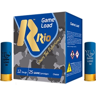 Boxed Game Load Rio packaging with blue camouflage design and two blue cartridges on either side labeled 'Game Load 30' and 'Game Load 32'