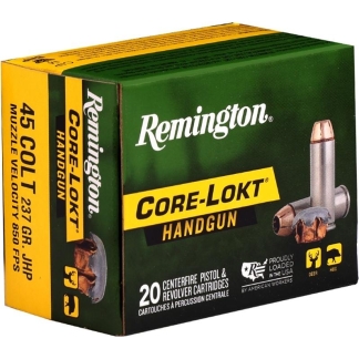 Remington Core-Lokt handgun ammunition box, green and yellow design, 20 centerfire cartridges (45 Colt, 237 grain JHP)