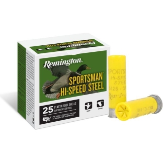 Remington Sportsman Hi-Speed Steel shotgun shells box with two yellow plastic shells beside it.