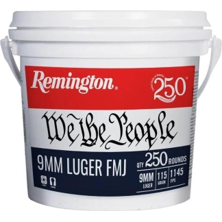Bucket of Remington 9mm Luger FMJ ammunition containing 250 rounds, white with red and blue labeling.