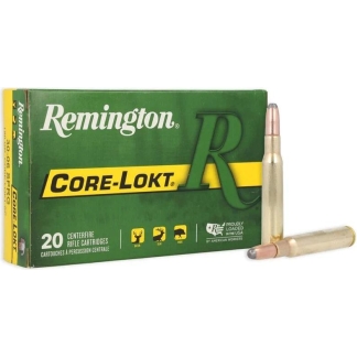 Box of Remington Core-Lokt centerfire rifle cartridges (20 rounds) with two bullets resting beside it.