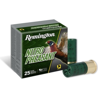 Box of Remington Nitro Pheasant shotgun shells with two green shells beside it, green and black packaging featuring a pheasant image.