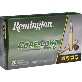 Box of Remington Core-Lokt Tipped rifle ammunition, 20 rounds, with bullet graphics on the right side.