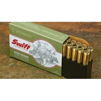 Green Swift high-grade ammunition box with brass cartridges loaded in a black plastic tray nearby.