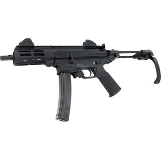 Black assault rifle with a curved magazine and folding stock extended to the right