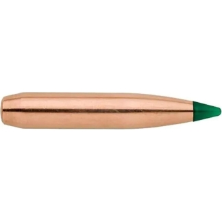 Copper-colored bullet-shaped object with a green pointed tip on a white background.
