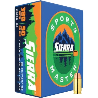 Box of Sierra Madre Sports 380 Auto ammunition with a brass bullet beside it on the right side as a product display.