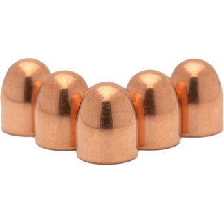 Five copper-colored bullets arranged in a row, standing upright on a white background.