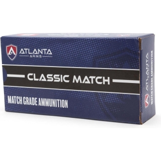 Box of Atlanta Arms Classic Match match-grade ammunition, blue with white text and logo, shown at an angle on a white background.