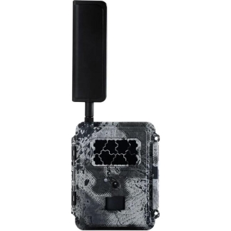 Camouflage trail camera with an external antenna for wildlife monitoring or security.