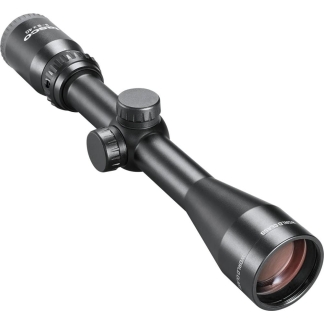 Black rifle scope with adjustable turrets and a large objective lens, angled for aiming.