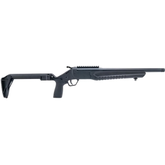 Side view of a black semi-automatic rifle with an adjustable stock and pistol grip