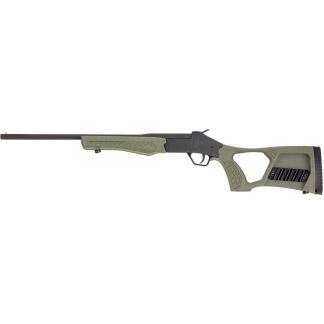 Olive-green sporting rifle with a long barrel and textured fore-end.