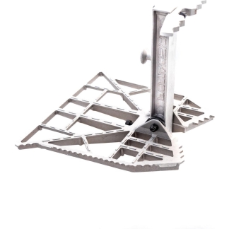 Metal folding support stand with a vertical adjustable arm and serrated base for stable mounting or clamping.