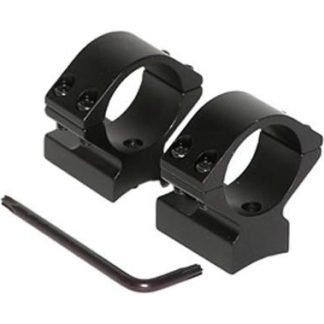 Pair of black scope rings with a small hex key for mounting a rifle scope on a firearm.