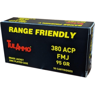 Box of TulAmmo 380 ACP FMJ ammunition: 50 cartridges, brass jacket, zinc-plated case, labeled Range Friendly.