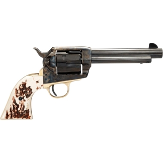 Single-action revolver with a long barrel and ivory-patterned grip shown against a white background, metal finish worn.