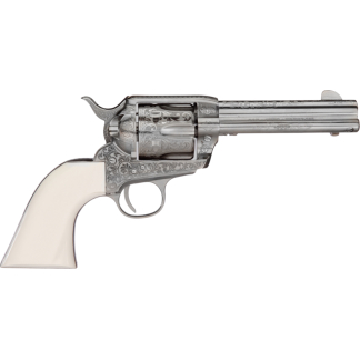 Ornately engraved silver revolver with a white ivory grip, shown from the side.
