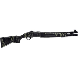 Camouflage-pattern hunting rifle shown from the side with a long barrel.