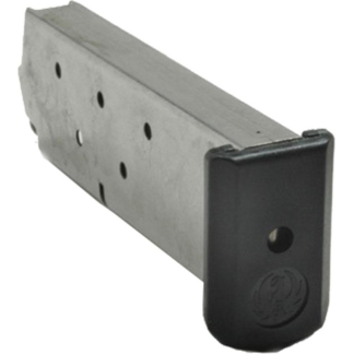Metal pistol magazine with a black plastic base plate, angled for display