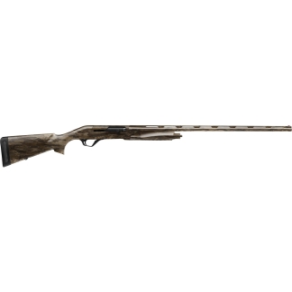 Side view of a camouflage-pattern hunting rifle laid horizontally along the bottom edge of the image, showing a long barrel and black recoil pad.
